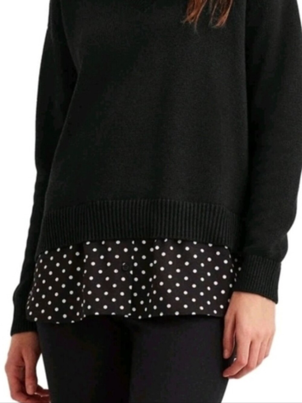 Lauren Ralph Lau Black Layered Look Long-Sleeve Sweater Polka Dot Hem Women's 2x